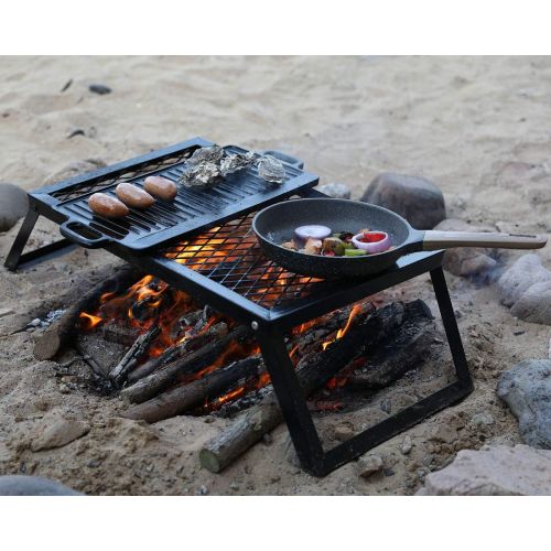  ZORMY Folding Campfire Grills, Heavy Duty Iron Steel Grate, Portable Over Fire Camp Grill for Outdoor Table Backpacking Hiking Traveling Picnic BBQ