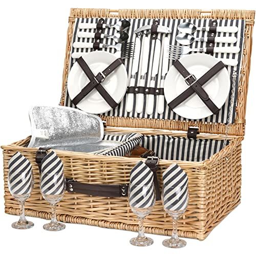  ZORMY Willow Picnic Basket for 4 Persons with Insulated Cooler Bag, Wicker Picnic Hamper Set with Utensils Cutlery - Perfect for Picnicking, Camping, or Any Other Outdoor Event