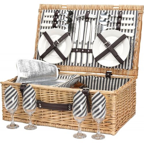  ZORMY Willow Picnic Basket for 4 Persons with Insulated Cooler Bag, Wicker Picnic Hamper Set with Utensils Cutlery - Perfect for Picnicking, Camping, or Any Other Outdoor Event