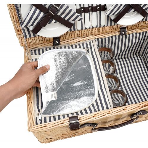  ZORMY Willow Picnic Basket for 4 Persons with Insulated Cooler Bag, Wicker Picnic Hamper Set with Utensils Cutlery - Perfect for Picnicking, Camping, or Any Other Outdoor Event