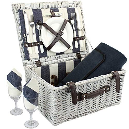  Home Innovation Picnic Basket for 2 with Waterproof Blanket, Durable Wicker Picnic Hamper Set, Willow Picnic Basket Accessories Plates and Utensils, Perfect Wedding, Anniversary or