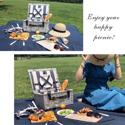  Home Innovation Picnic Basket for 2 with Waterproof Blanket, Durable Wicker Picnic Hamper Set, Willow Picnic Basket Accessories Plates and Utensils, Perfect Wedding, Anniversary or