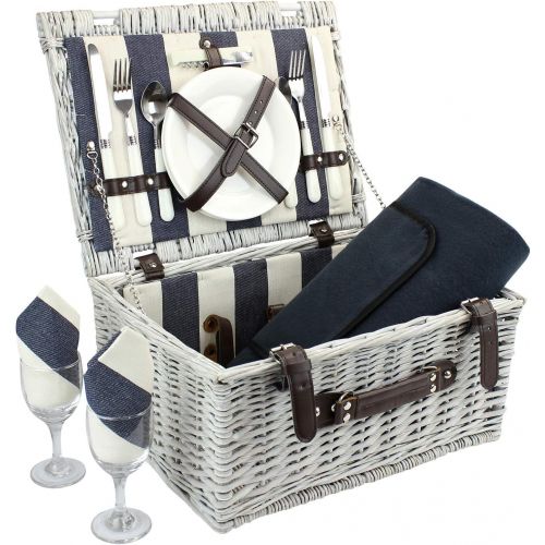  Home Innovation Picnic Basket for 2 with Waterproof Blanket, Durable Wicker Picnic Hamper Set, Willow Picnic Basket Accessories Plates and Utensils, Perfect Wedding, Anniversary or