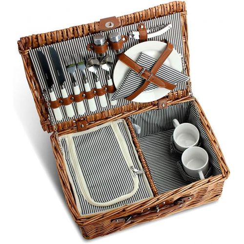  ZORMY Home Innovation Picnic Basket for 2, Willow Hamper Set with Insulated Compartment, Handmade Large Wicker Picnic Basket Set with Utensils Cutlery - Perfect for Picnicking, Camping,
