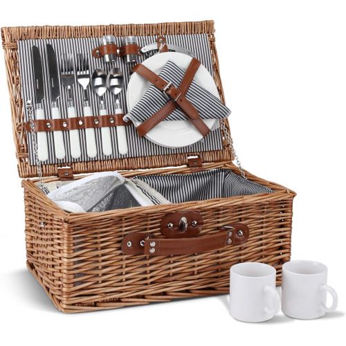  ZORMY Home Innovation Picnic Basket for 2, Willow Hamper Set with Insulated Compartment, Handmade Large Wicker Picnic Basket Set with Utensils Cutlery - Perfect for Picnicking, Camping,