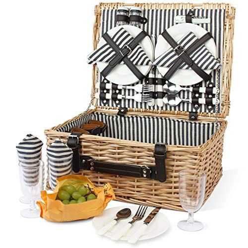  Home Innovation 4 Person Picnic Basket, Large Willow Hamper Set with Large Compartment, Handmade Large Wicker Picnic Basket Set with Utensils Cutlery - Perfect for Picnicking, Camping, or any Othe