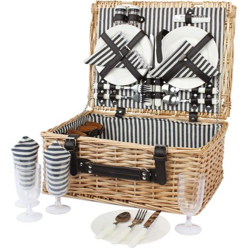  Home Innovation 4 Person Picnic Basket, Large Willow Hamper Set with Large Compartment, Handmade Large Wicker Picnic Basket Set with Utensils Cutlery - Perfect for Picnicking, Camping, or any Othe