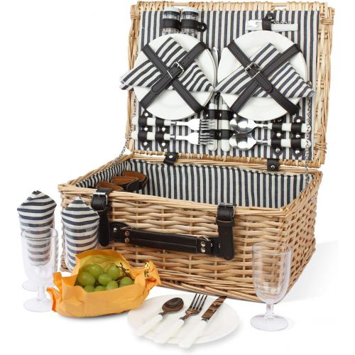  Home Innovation 4 Person Picnic Basket, Large Willow Hamper Set with Large Compartment, Handmade Large Wicker Picnic Basket Set with Utensils Cutlery - Perfect for Picnicking, Camping, or any Othe