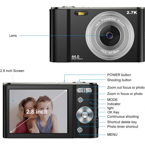  [아마존베스트]ZORNIK 2.7K Digital Camera, Camera Digital 2.88 Inch LCD Battery HD 44 Megapixel 16x Digital Zoom, Students for Adults/Seniors/Children (Black)