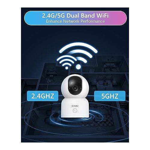  ZOSI Indoor Pan/Tilt Smart Security Camera,C518 2K 360 Degree Baby Pet Monitor,Plug-in 2.4G/5G Dual-Band WiFi Home Cam with Phone App,Night Vision,Person Detection,2 Way Audio,Cloud & SD Card Storage