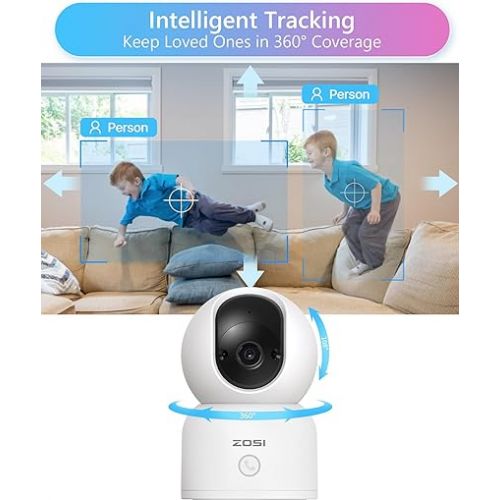  ZOSI Indoor Pan/Tilt Smart Security Camera,C518 2K 360 Degree Baby Pet Monitor,Plug-in 2.4G/5G Dual-Band WiFi Home Cam with Phone App,Night Vision,Person Detection,2 Way Audio,Cloud & SD Card Storage