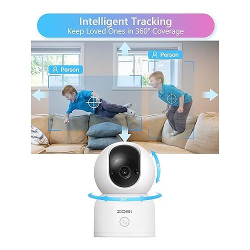  ZOSI Indoor Pan/Tilt Smart Security Camera,C518 2K 360 Degree Baby Pet Monitor,Plug-in 2.4G/5G Dual-Band WiFi Home Cam with Phone App,Night Vision,Person Detection,2 Way Audio,Cloud & SD Card Storage