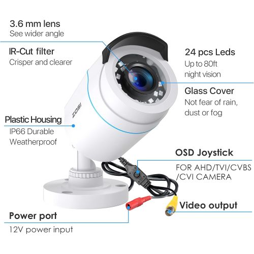  ZOSI 2.0MP FHD 1080p Security Camera Outdoor/Indoor (Hybrid 4-in-1 HD-CVI/TVI/AHD/960H Analog CVBS),24PCS LEDs,80ft Night Vision,Weatherproof Surveillance CCTV Bullet Camera