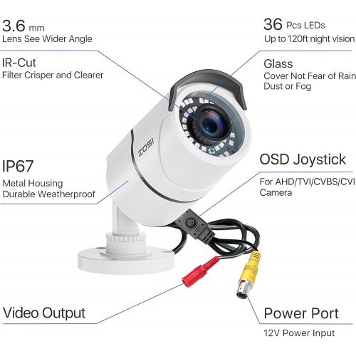  ZOSI 2.0MP 1080p Security Camera 4-in-1 TVI/CVI/AHD/CVBS Surveillance Bullet Camera Indoor Outdoor,120ft Night Vision,Aluminum Metal Housing,Work for 960H,720P,1080P,5MP,4K analog