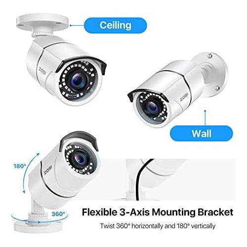  ZOSI 2 Pack 2MP 1080p HD-TVI Home Security Camera Outdoor Indoor 1920TVL,36PCS LEDs,120ft Night Vision, 105°View Angle, Weatherproof Surveillance CCTV Bullet Camera (White Color)