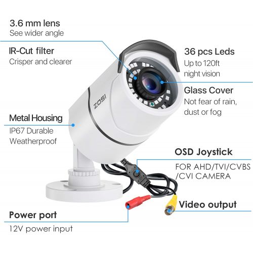  [아마존베스트]ZOSI 2.0MP HD 1080p 1920TVL Security Camera Outdoor Indoor (Hybrid 4-in-1 HD-CVI/TVI/AHD/960H Analog CVBS),36PCS LEDs,120ft IR Night Vision,105° View Angle Weatherproof Surveillanc