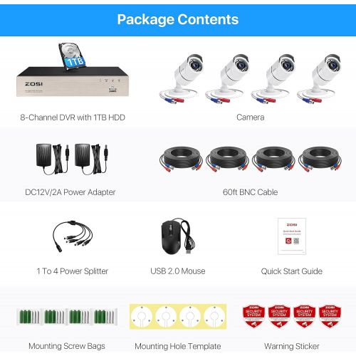  [아마존베스트]ZOSI 8CH 1080P Home Security Camera System Outdoor with 1TB Hard Drive, H.265+ 8 Channel 5MP Lite Wired DVR with 4pcs 1080P HD IP67 Weatherproof CCTV Cameras with 120ft Night Visio