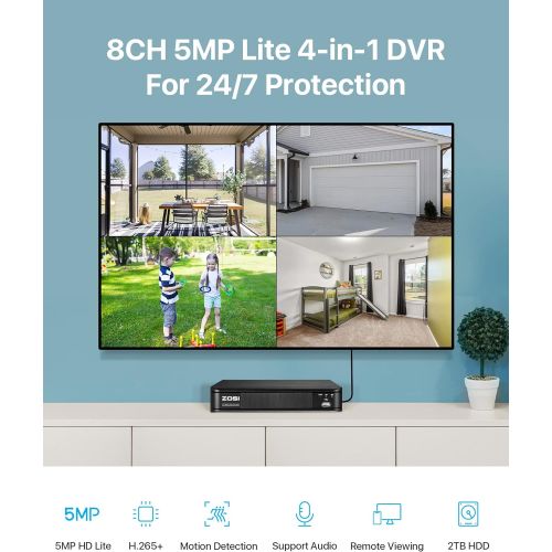  [아마존베스트]ZOSI H.265+ 5MP Lite 8 Channel CCTV DVR Recorder with Hard Drive 2TB, Remote Access, Motion Alert Push, Hybrid Capability 4-in-1(Analog/AHD/TVI/CVI) Full 1080p HD Surveillance DVR