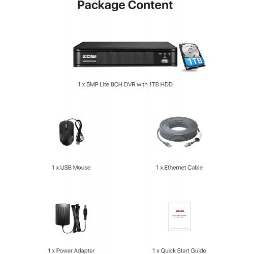  [아마존베스트]ZOSI H.265+ 5MP Lite 8 Channel CCTV DVR Recorder with Hard Drive 1TB, Remote Access, Motion Alert Push, Hybrid Capability 4-in-1(Analog/AHD/TVI/CVI) Full 1080p HD Surveillance DVR