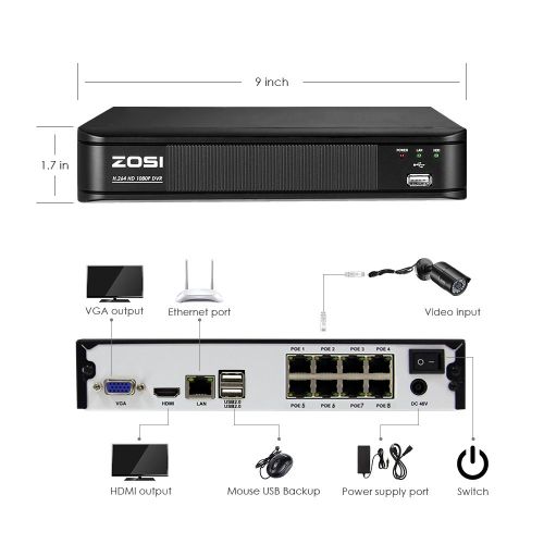  ZOSI 1080p PoE Home Security Camera System, 8 Channel NVR Recorder (1TB Hard Drive Built-in) and (4) 2MP 1920x1080p Surveillance CCTV Bullet IP Camera Outdoor/Indoor with 100ft Lon