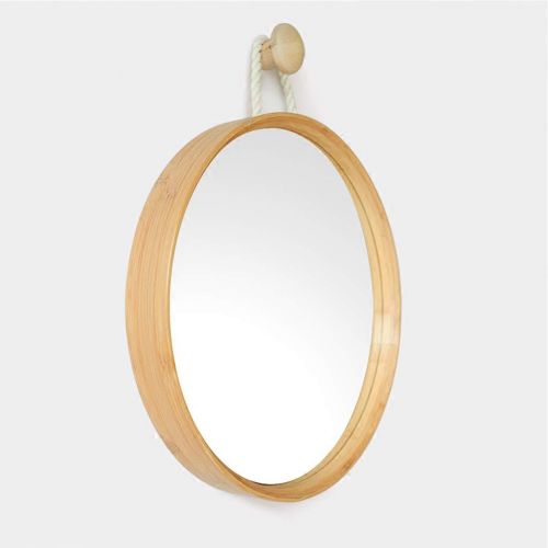  ZRN-Mirror Makeup Mirror Round Wall Mounted Mirror Dressing Mirror with Sling and Hook Up Bamboo Framed 45 cm Wall Mirror for Bathroom Home Bedroom & Living Room