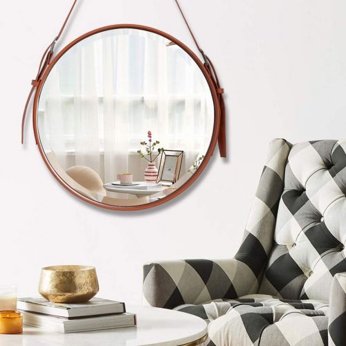  ZRN-Mirror Makeup Mirror Modern Circular Wall Mirror with Hanging Strap and Leather Frame 50CM(20Inch) Diameter Decorative Mirror for Hall/Bedroom/Bathroom