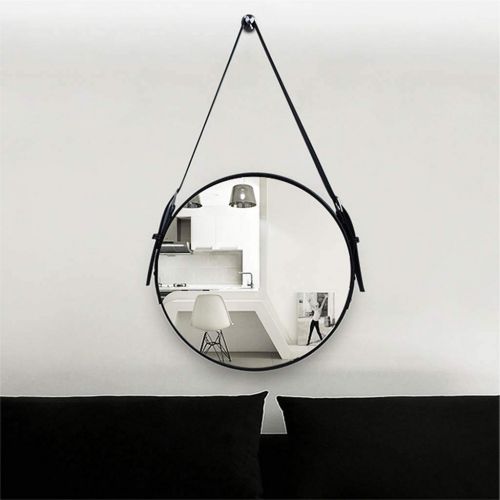  ZRN-Mirror Vanity Mirrors Diameter 20-28Inch Leather Round Wall Mirror Decorative/Makeup Mirror with Hanging Strap Silver Hardware Hook(Black)