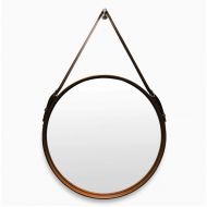 ZRN-Mirror Decorative Mirrors Leather Round Wall Mirror Diameter 20-28 Inch Vanity/Makeup Mirror with Hanging Strap Silver Hardware Hook(Dark Brown)
