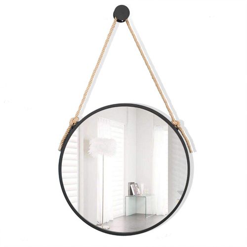  ZRN-Mirror Decorative Mirror Metal Wall Hanging Mirror with Hemp Rope Round Makeup Bathroom Mirrors Creative Makeup Shaving Iron Mirrors Large (Color : Black, Size : 12-32Inch)