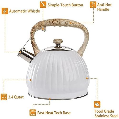  ZRSLGS 3.5L Tea Kettle for Stove Top, Stainless Steel Whistling Teapot with Wood Handle, White Pumpkin Shape Kettle