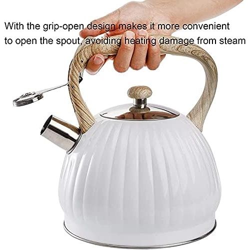  ZRSLGS 3.5L Tea Kettle for Stove Top, Stainless Steel Whistling Teapot with Wood Handle, White Pumpkin Shape Kettle