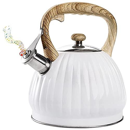  ZRSLGS 3.5L Tea Kettle for Stove Top, Stainless Steel Whistling Teapot with Wood Handle, White Pumpkin Shape Kettle