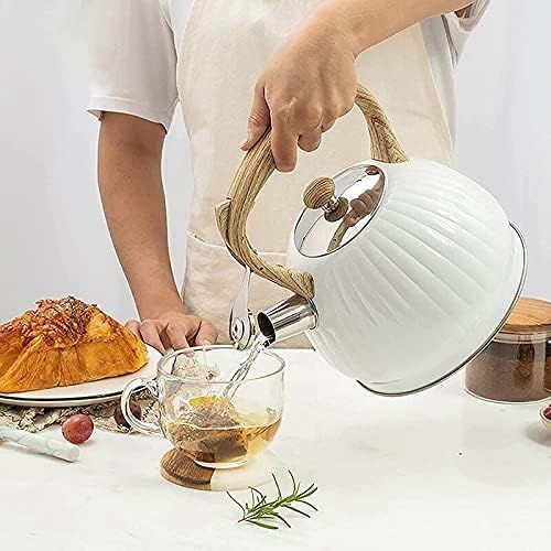  ZRSLGS 3.5L Tea Kettle for Stove Top, Stainless Steel Whistling Teapot with Wood Handle, White Pumpkin Shape Kettle