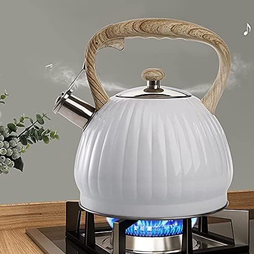  ZRSLGS 3.5L Tea Kettle for Stove Top, Stainless Steel Whistling Teapot with Wood Handle, White Pumpkin Shape Kettle