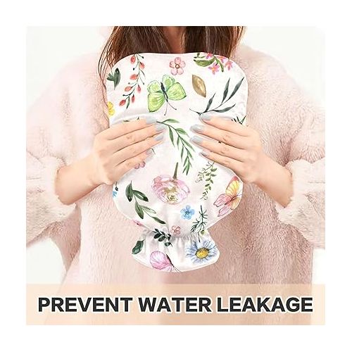  Water Bags Foot Warmer with Velvet Cover 2 L fashy ice Water Bottle for Hot and Cold Compress, Hand Feet Spring Wildflowers and Leaf Butterfly