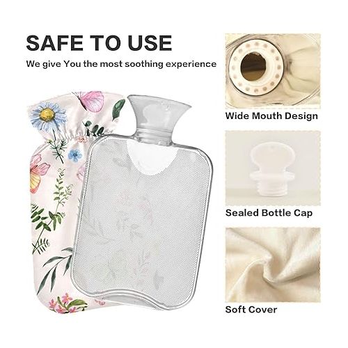  Water Bags Foot Warmer with Velvet Cover 2 L fashy ice Water Bottle for Hot and Cold Compress, Hand Feet Spring Wildflowers and Leaf Butterfly