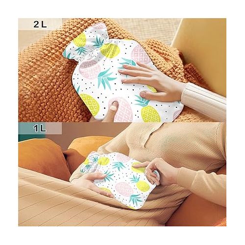  Water Bags Foot Warmer with Velvet Cover 1 Liter fashy ice Packs for Hot and Cold Compress, Hand Feet Yellow Pink Pineapples