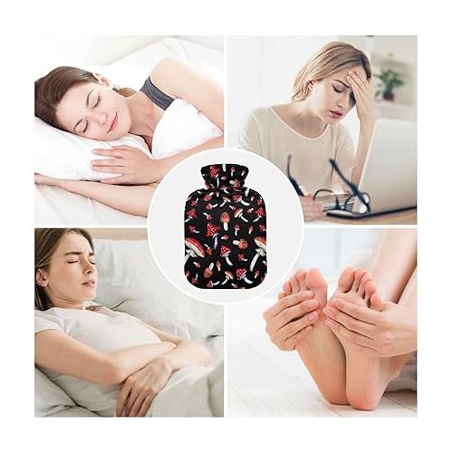  hot Water Bottle with Soft Cover 1 Liter fashy ice Pack for Menstrual Cramps, Neck and Shoulder Pain Relief Red Mushroom