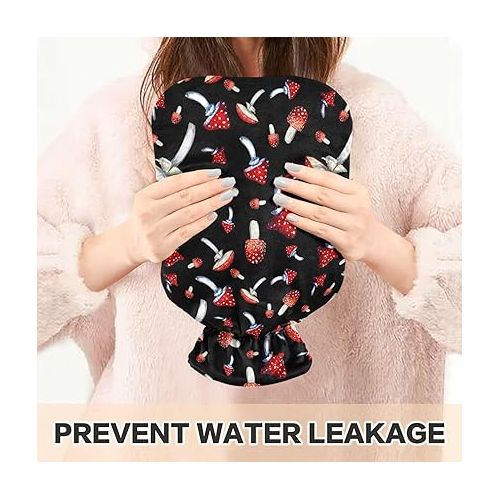  hot Water Bottle with Soft Cover 1 Liter fashy ice Pack for Menstrual Cramps, Neck and Shoulder Pain Relief Red Mushroom