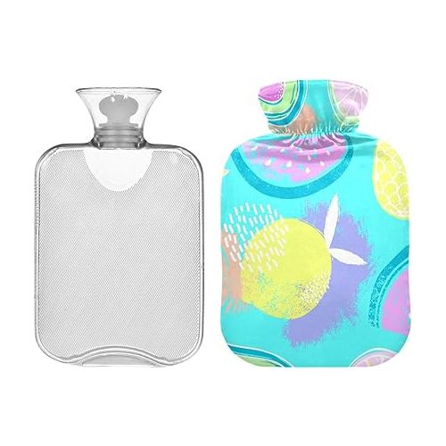  Hot Bottle Water Bag with Velvet Cover 1 Liter fashy ice Packs for Hot and Cold Compress, Hand Feet Pineapples Lemon