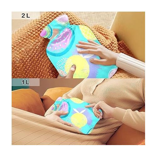  Hot Bottle Water Bag with Velvet Cover 1 Liter fashy ice Packs for Hot and Cold Compress, Hand Feet Pineapples Lemon