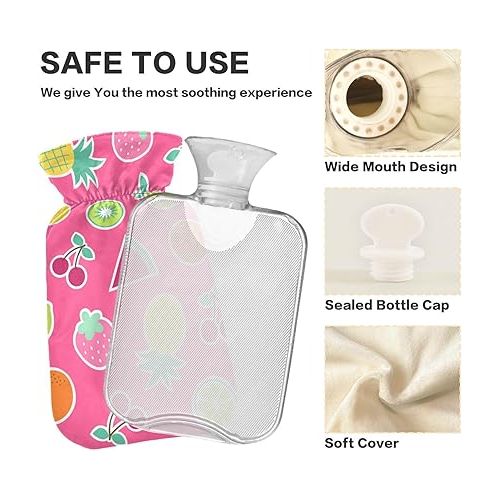  Water Bags Foot Warmer Velvet Transparent 1 Liter fashy ice Water Bottle for Hot and Cold Compress, Hand Feet Pink Tropical Fruits