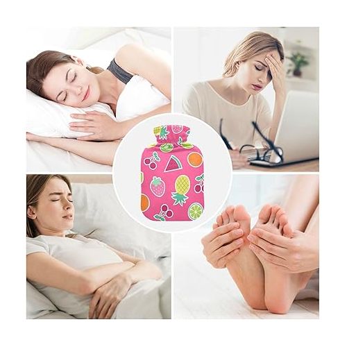  Water Bags Foot Warmer Velvet Transparent 1 Liter fashy ice Water Bottle for Hot and Cold Compress, Hand Feet Pink Tropical Fruits