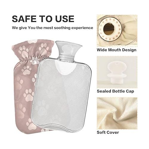  Hot Bottle Water Bag Velvet Transparent 2 L fashy Shoulder ice Pack for Pain Relief, Menstrual Cramps Pet Prints Pattern Paw Texture
