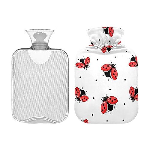  Hot Bottle Water Bag with Velvet Cover 1 Liter fashy ice Packs for Bed, Kids Men & Women Red Lady Bug Ladybirds Insect Ladybugs White