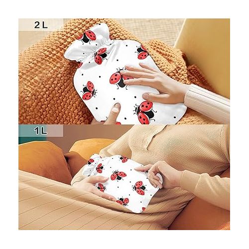  Hot Bottle Water Bag with Velvet Cover 1 Liter fashy ice Packs for Bed, Kids Men & Women Red Lady Bug Ladybirds Insect Ladybugs White