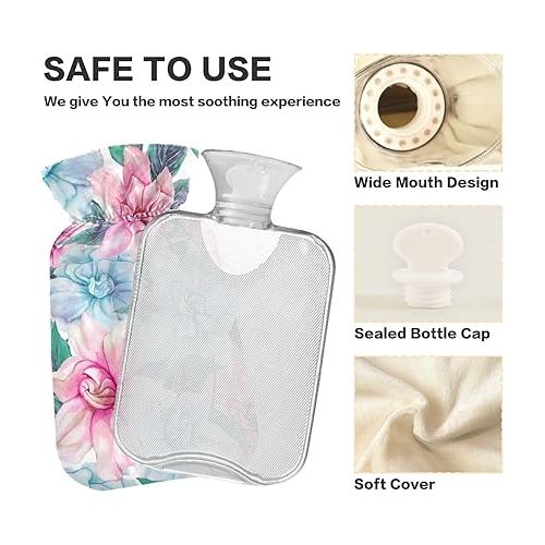  Water Bags Foot Warmer with Soft Cover 1 Liter fashy ice Water Bottle for Injuries, Hand & Feet Warmer Beautiful Gardenia Flowers Leaves Floral