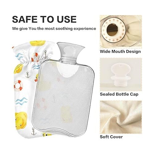  hot Water Bottle Velvet Transparent 2 L fashy ice Pack for Pain Relief, Menstrual Cramps Seamless Rubber Yellow Ducks Lifebuoy