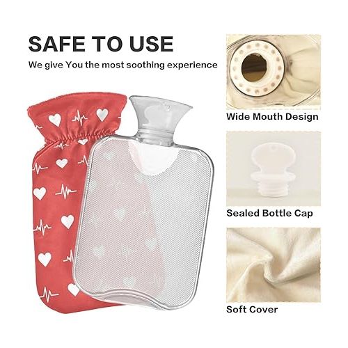  hot Water Bag Velvet Transparent 1 Liter fashy ice Pack for Bed, Kids Men & Women Heart Symbols Happy Valentine's Day