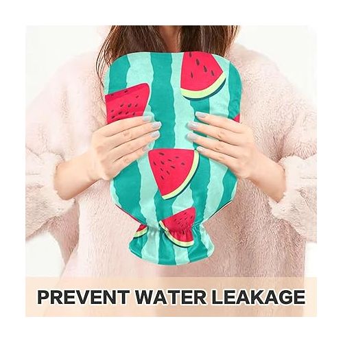  hot Water Bottles with Velvet Cover 1 Liter fashy Shoulder ice Pack for Hot and Cold Therapies Pink Red Watermelons Fruit